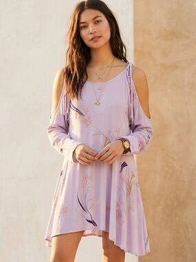 Free People Lilac Floral Boho Tunic Cold Shoulder Top Size S